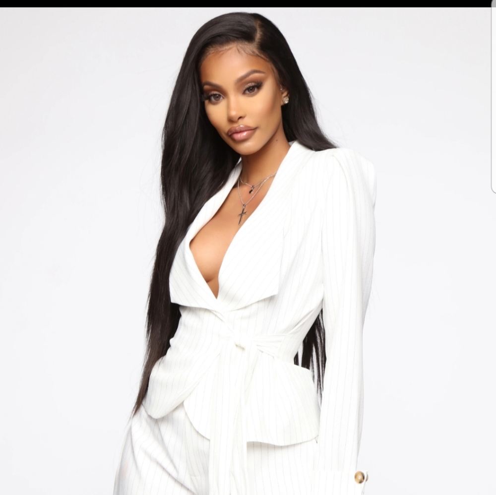 Pinstripe short suit by Cardi B
